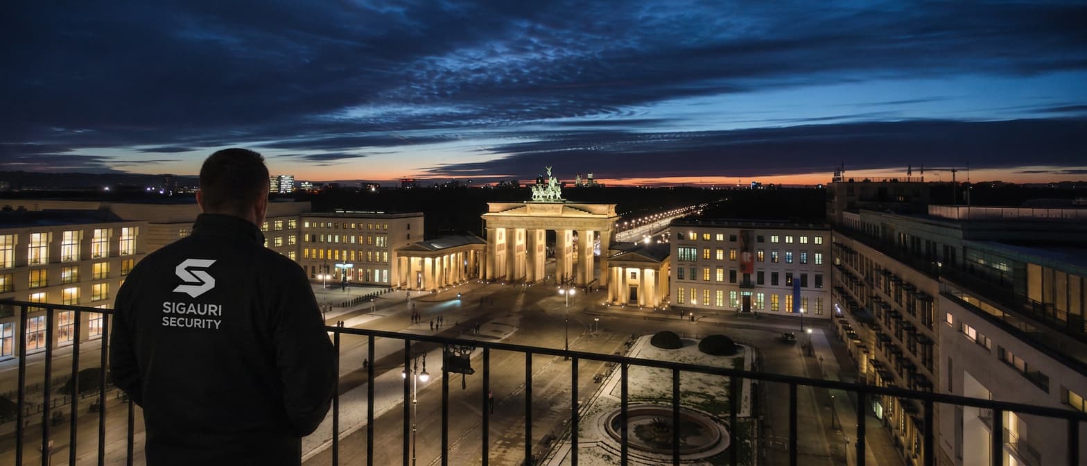 Sigauri-Security-Mitarbeiter blickt bei Abenddämmerung auf das beleuchtete Brandenburger Tor