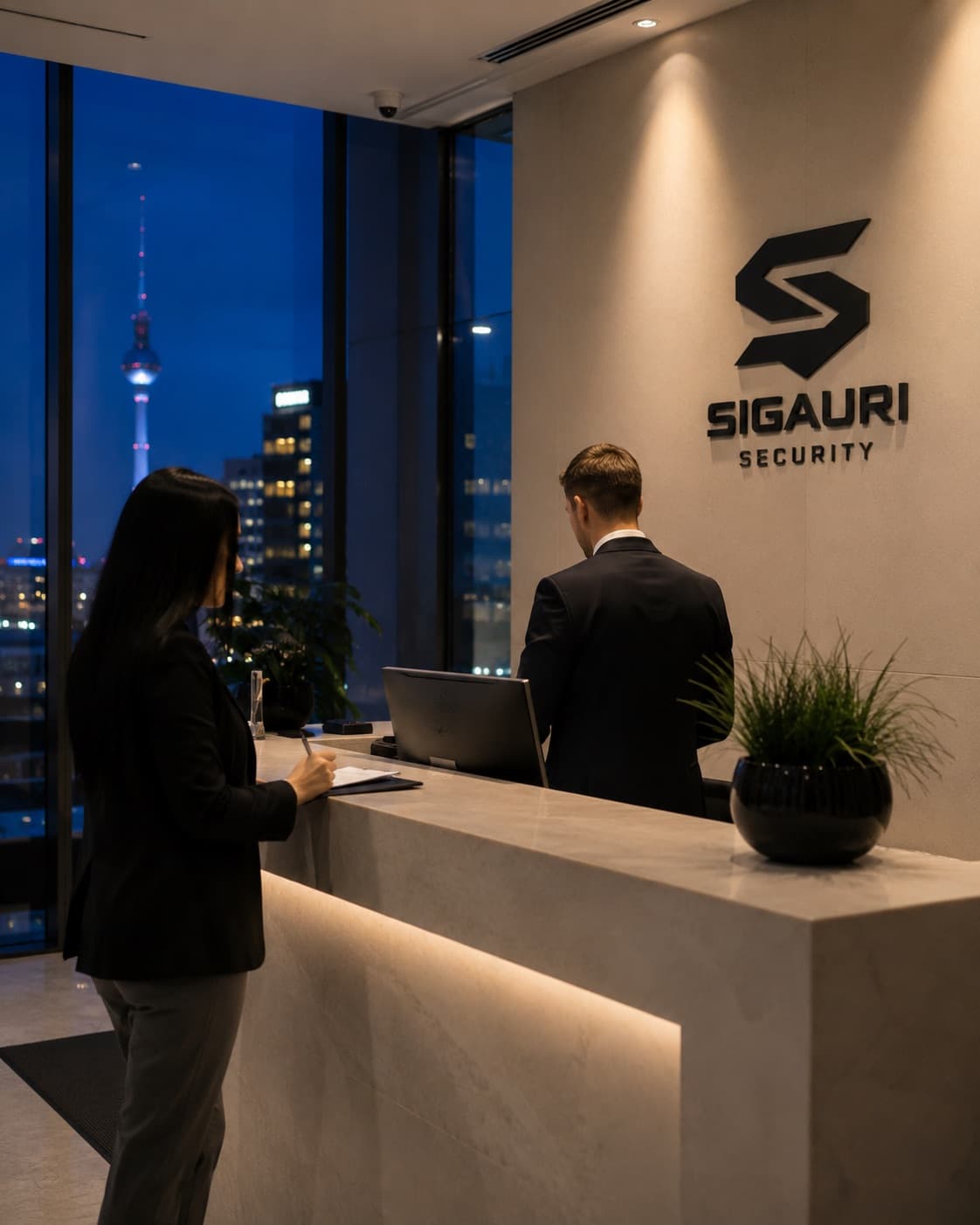 Sigauri-Empfangsdienst in einer Büro-Lobby mit Blick auf den Berliner Fernsehturm