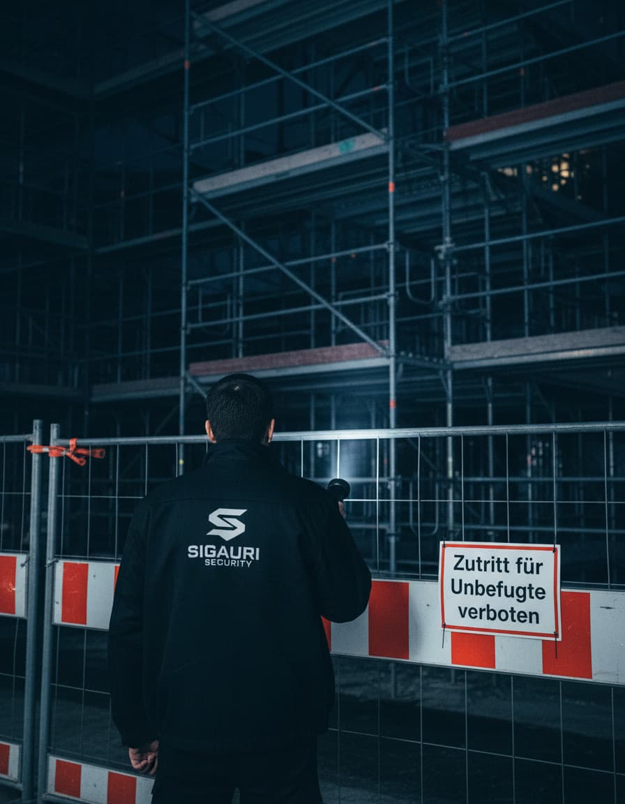 Sigauri-Security-Mitarbeiter kontrolliert nachts eine Baustelle in Berlin